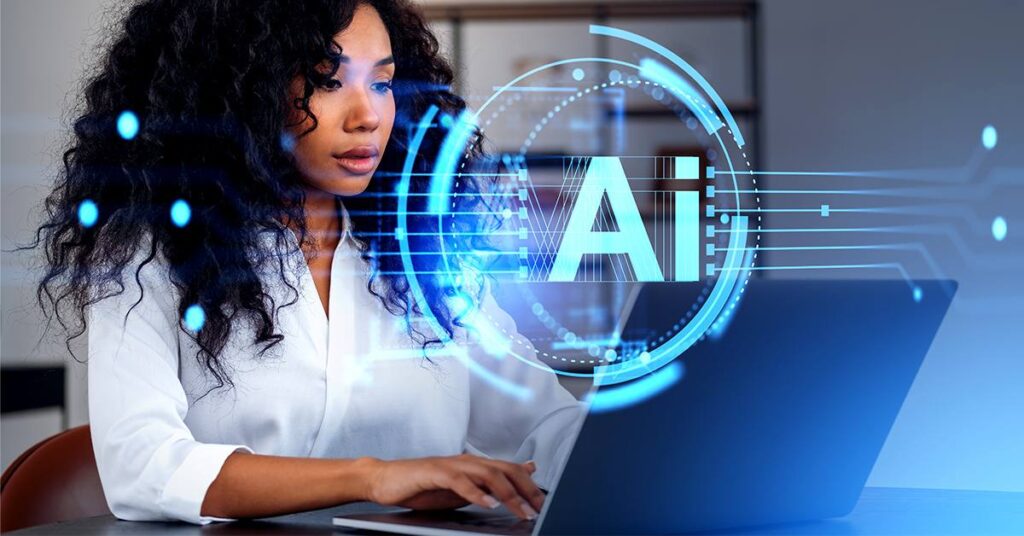 woman working on a computer with AI